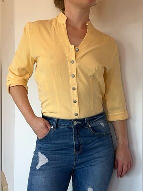 Tianello Sunny Yellow Button-Up Mandarin Collar Blouse